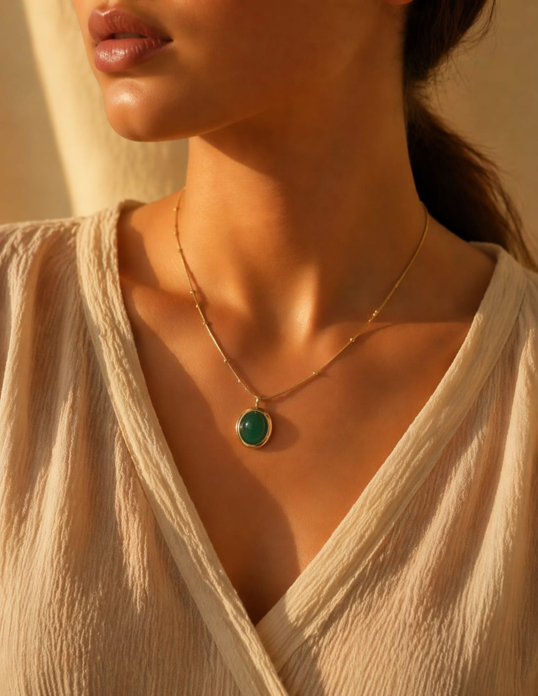Collier chaîne satellite avec pendentif cabochon vert
